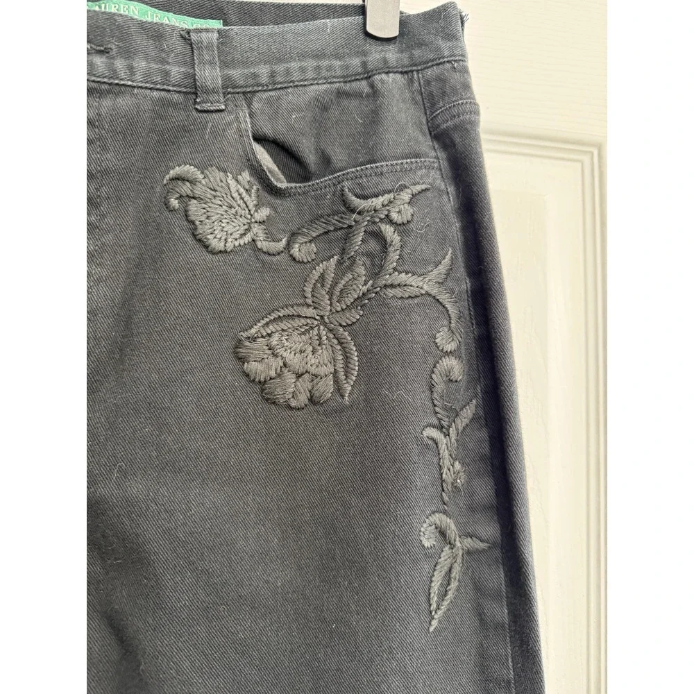 Lauren Ralph Lauren Jeans Women's 12 Black Denim Embroidered Zip-Fly‎ Hipster